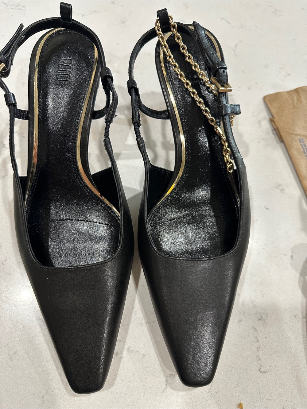 PAIGE Black Pointed Slingback Mules with Gold Chain Accent